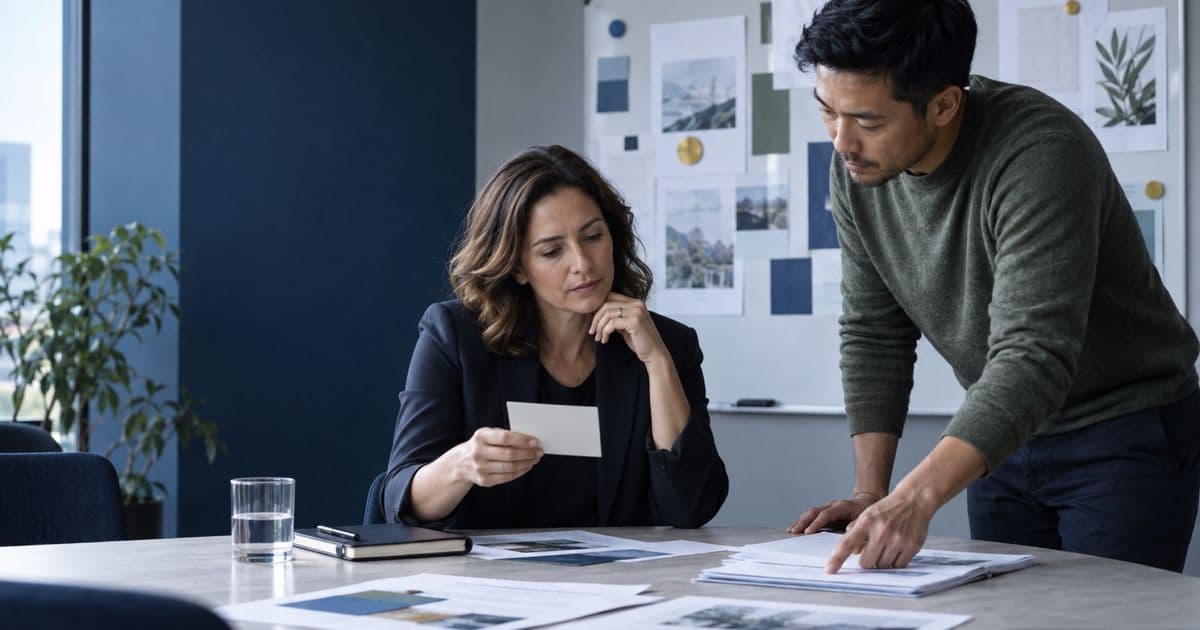 Two people confer around a worktable with a small card, printouts and a wall of visual reference materials.