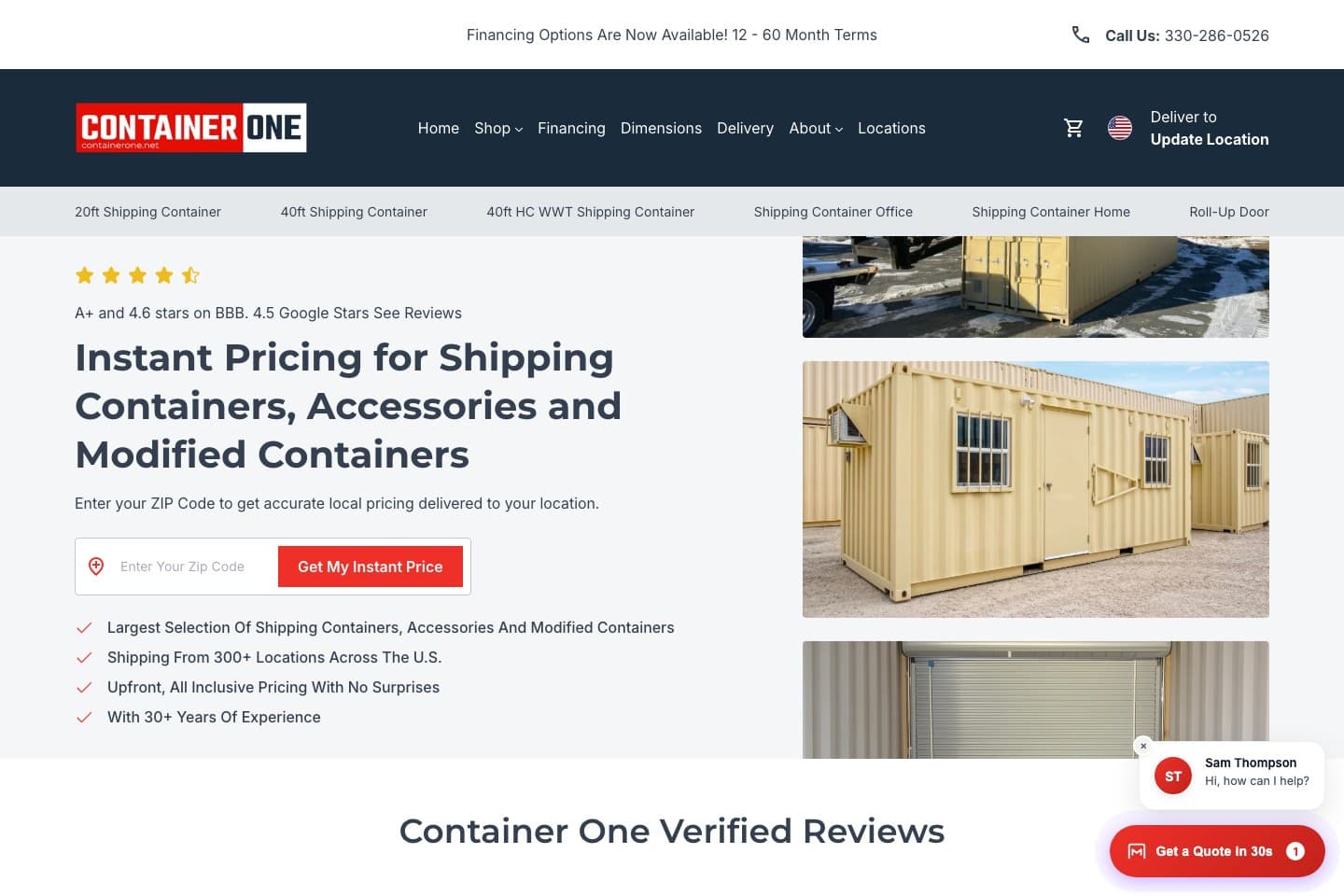 Container One storefront with ZIP-code input for delivered container pricing