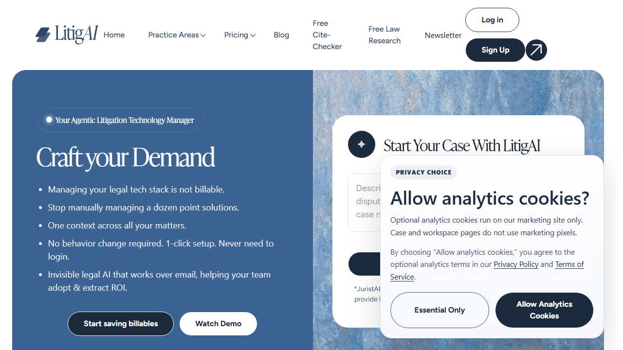 LitigAI homepage with its analytics consent dialog.