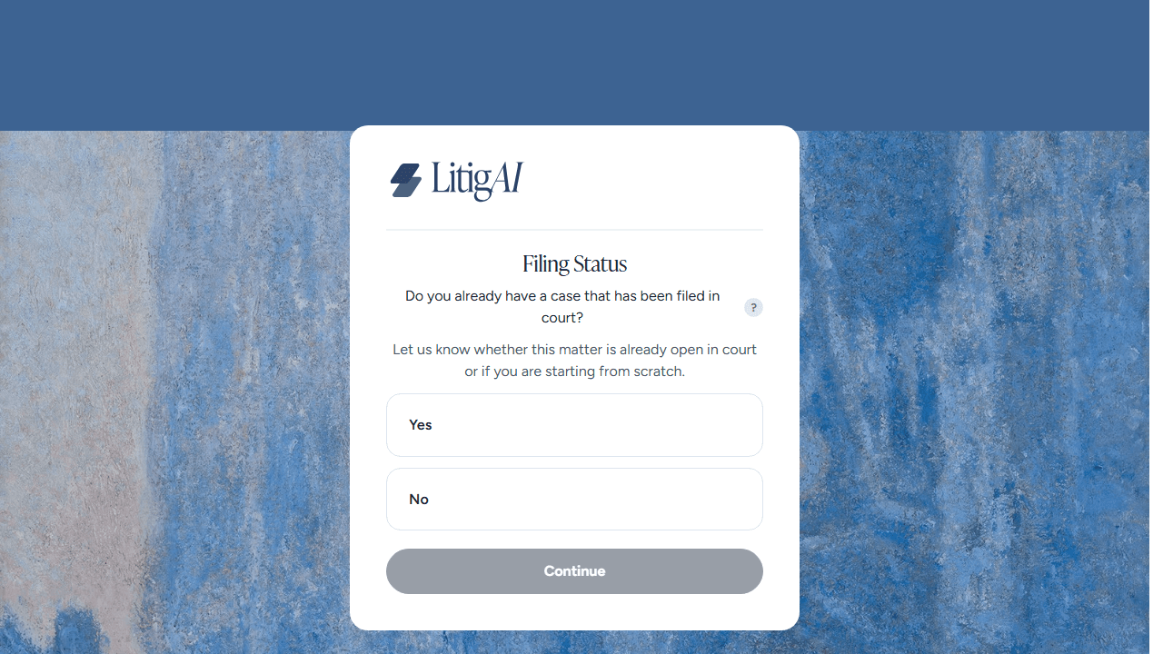 LitigAI onboarding asks whether a case has already been filed.