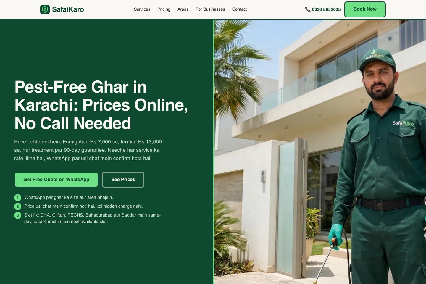 SafaiKaro website with visible prices and a WhatsApp contact action