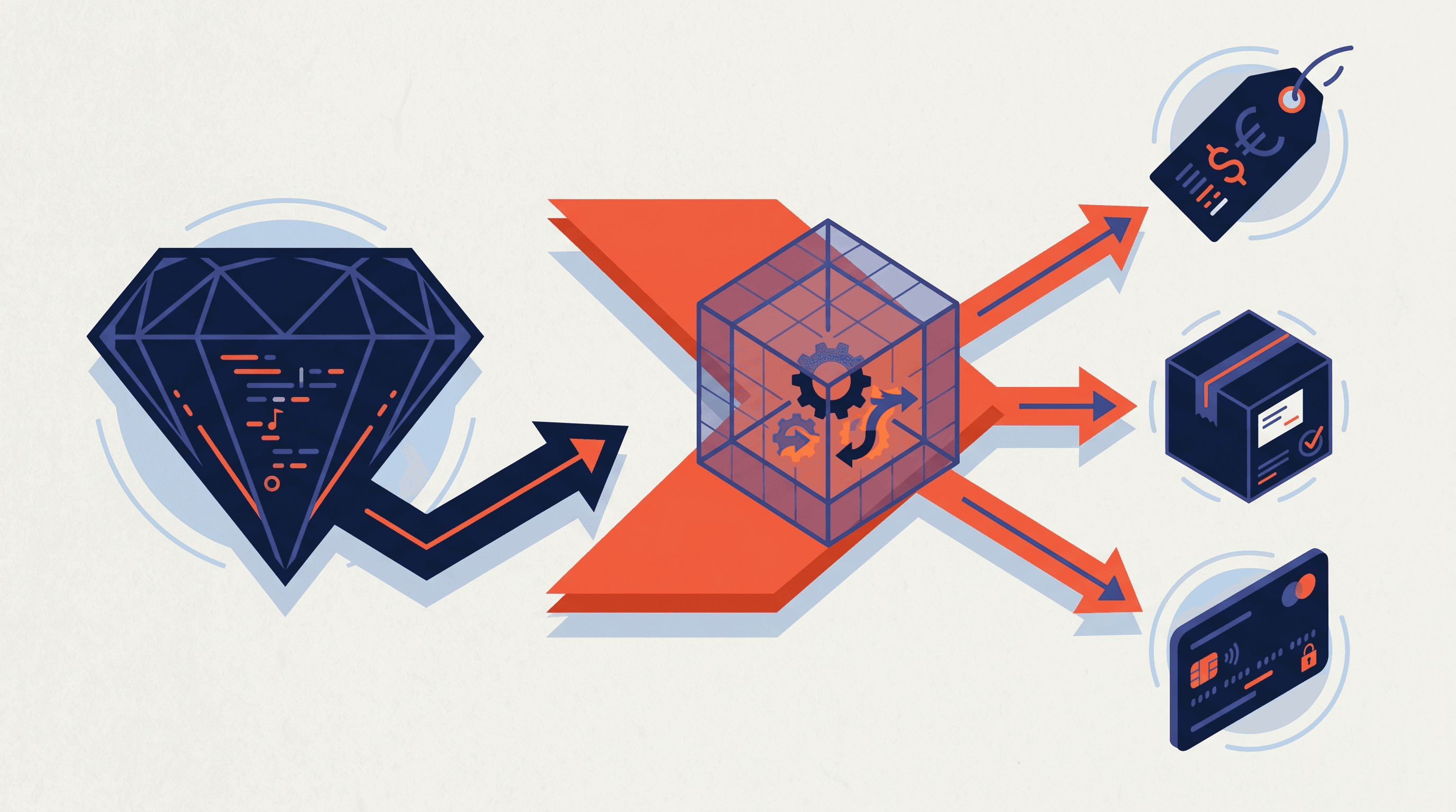 A Ruby gem icon on the left, transformed via a central WebAssembly compile chevron, into three separate output icons on the right representing discount, delivery, and payment Functions.