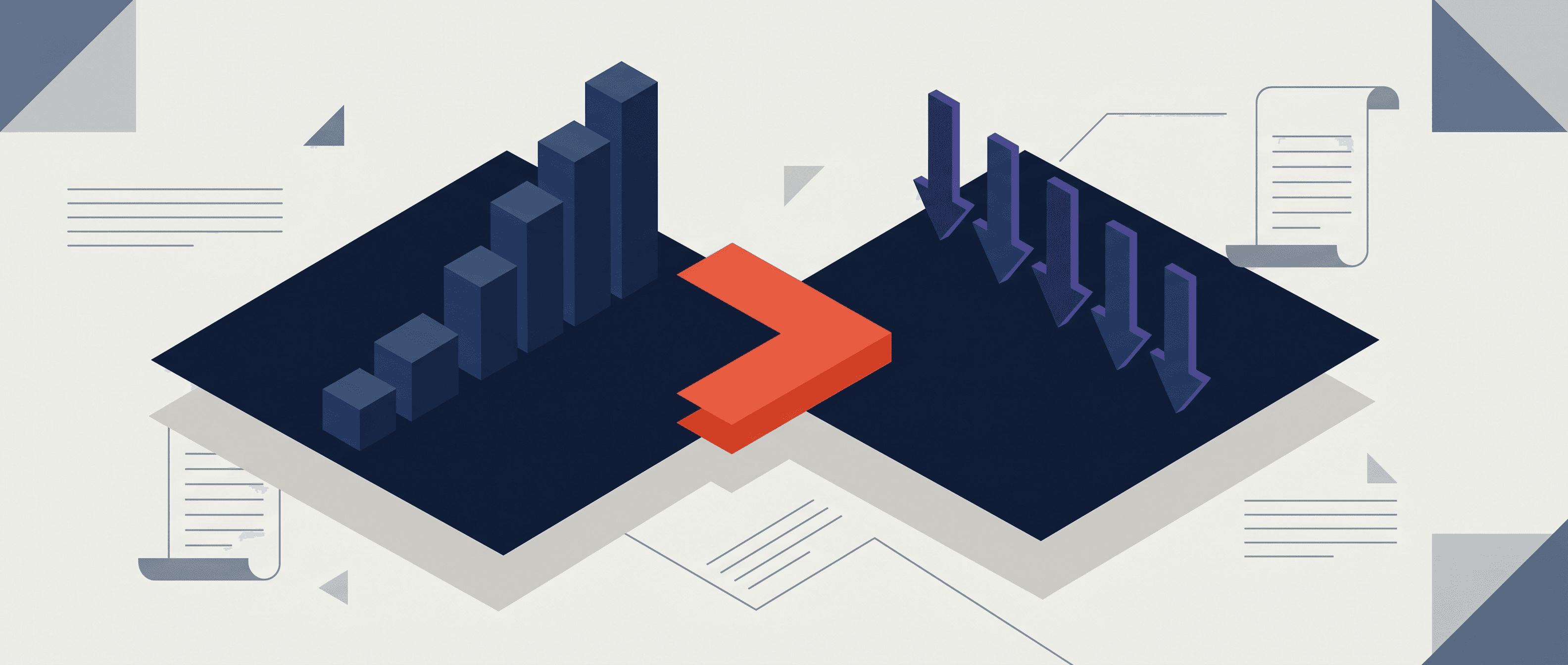 An abstract negotiation visualization with stepped price markers on the left, leverage indicators on the right, and a vermillion connector bridging them at the center.
