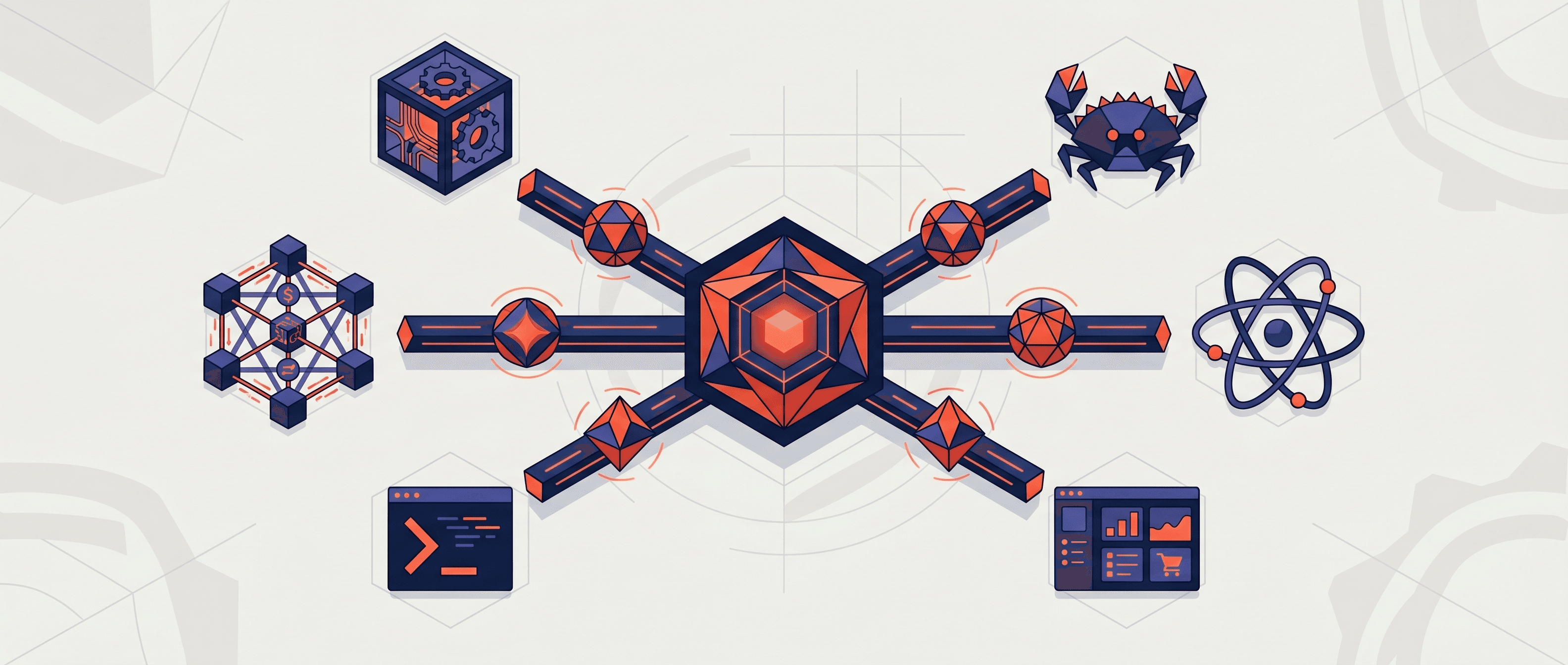 Editorial illustration of a skills map for a Shopify Plus developer, showing Functions, Checkout Extensibility, B2B catalog, custom apps, and performance as connected competency nodes.