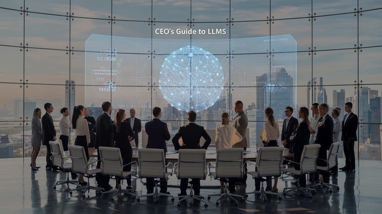 A group of business professionals in a modern conference room attentively observing a futuristic digital interface displaying a neural network, symbolizing AI-powered large language models (LLMs). The city skyline is visible through the glass windows, reinforcing a high-level executive setting.