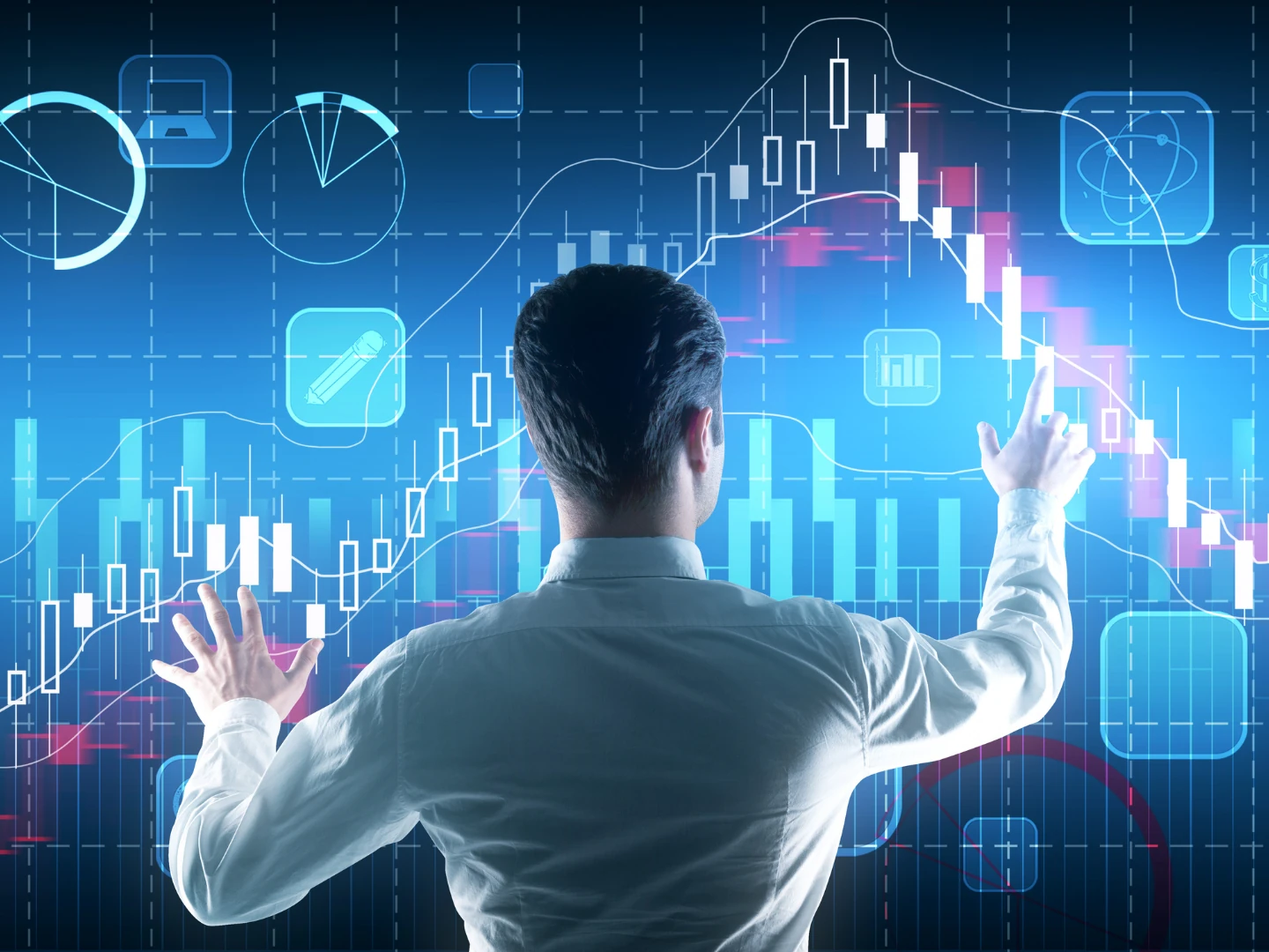 image shows a yound business man working on an abstract forex chart used to represent algorithmic trading