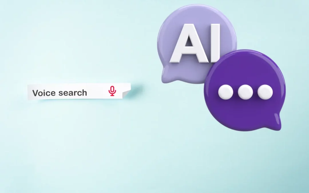 A 3D illustration of AI-powered voice search, featuring a search bar with the words 'Voice search' and a red microphone icon, alongside two speech bubbles—one labeled 'AI' and another with typing dots—against a light blue background.