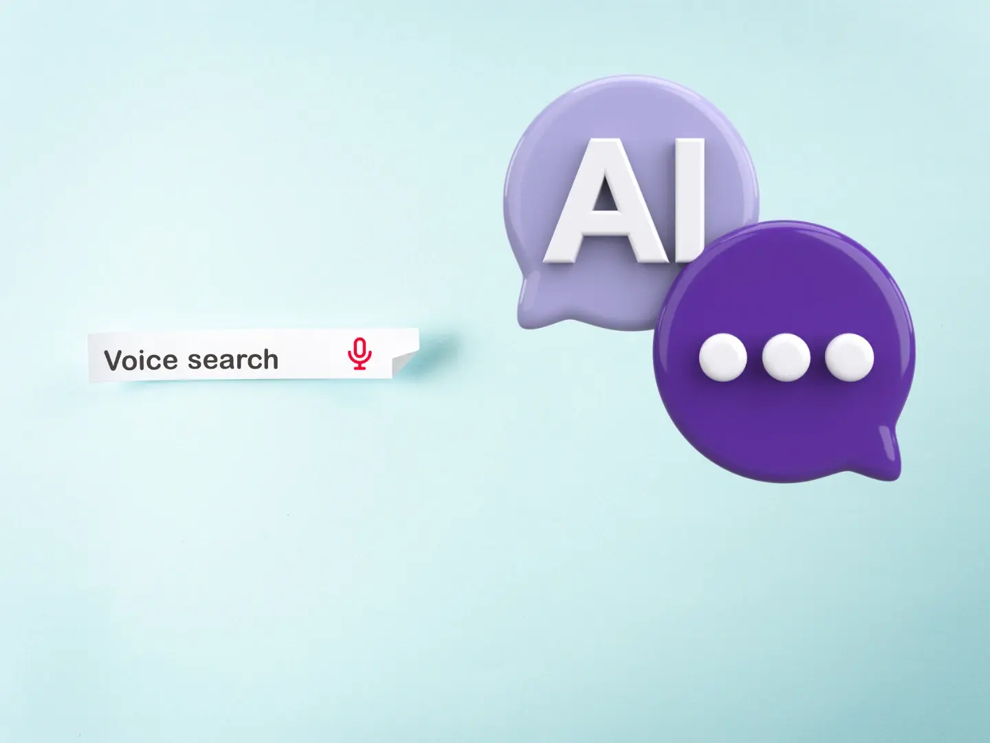 A 3D illustration of AI-powered voice search, featuring a search bar with the words 'Voice search' and a red microphone icon, alongside two speech bubbles—one labeled 'AI' and another with typing dots—against a light blue background.