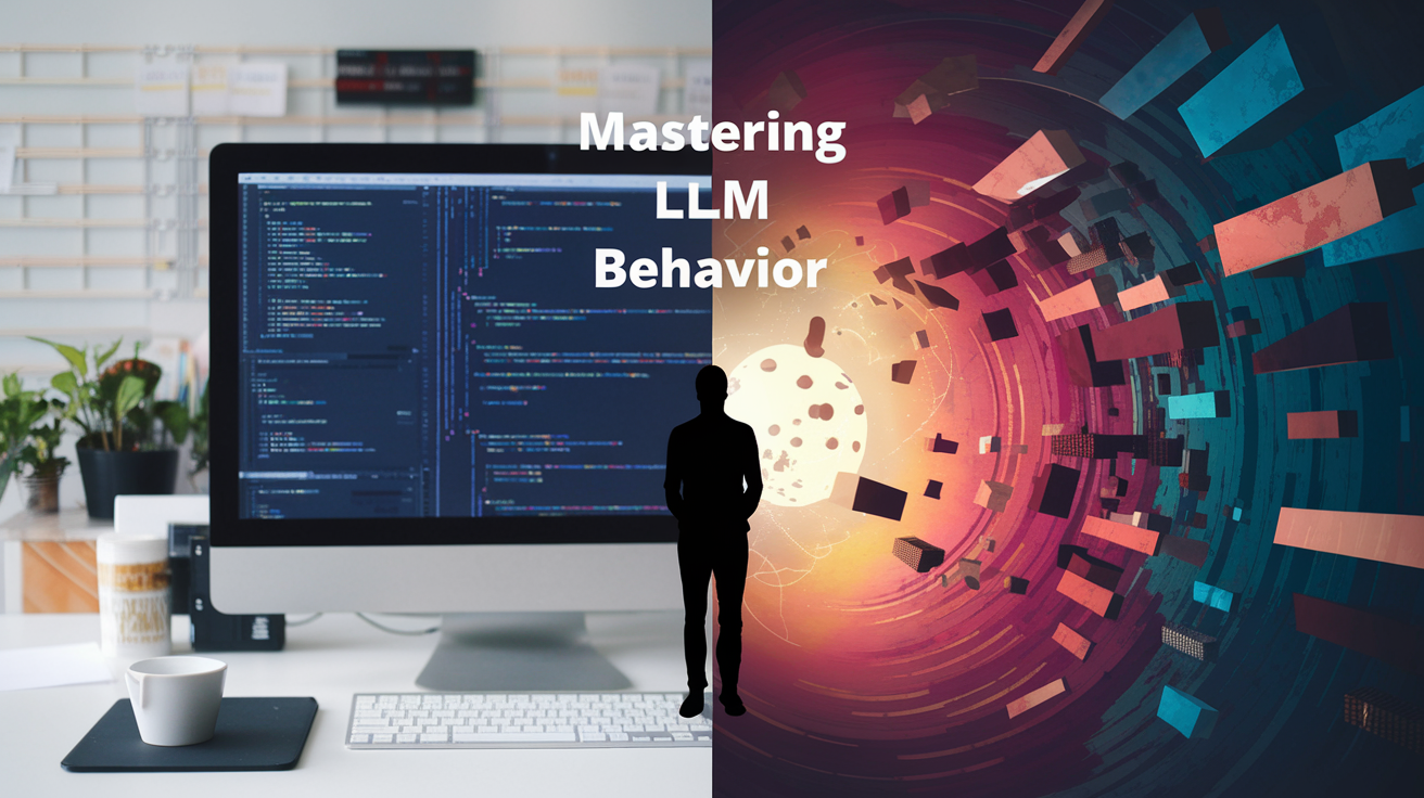 A split-screen digital illustration: the left side shows a modern workspace with a computer displaying code, representing structured and deterministic AI behavior. The right side features an abstract, futuristic visualization with floating geometric shapes, symbolizing the complexity and unpredictability of non-deterministic AI behavior. A silhouette of a person stands at the center, bridging the two worlds. The text 'Mastering LLM Behavior' is prominently displayed in the middle.