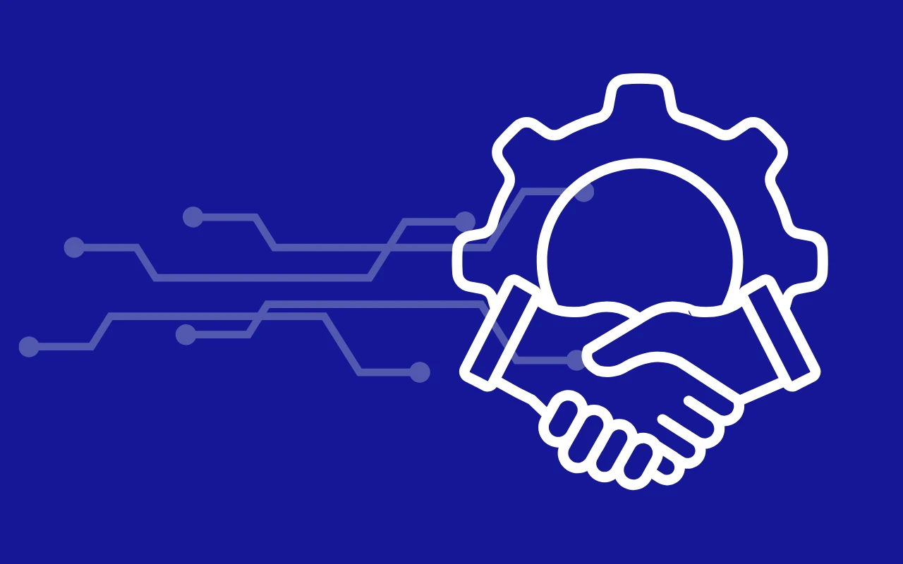 An icon showing two hands shaking in a handshake, superimposed over a large cogwheel, symbolizing agent partnership and mechanics. To the left, several nodes and connecting lines suggest a technological connection.