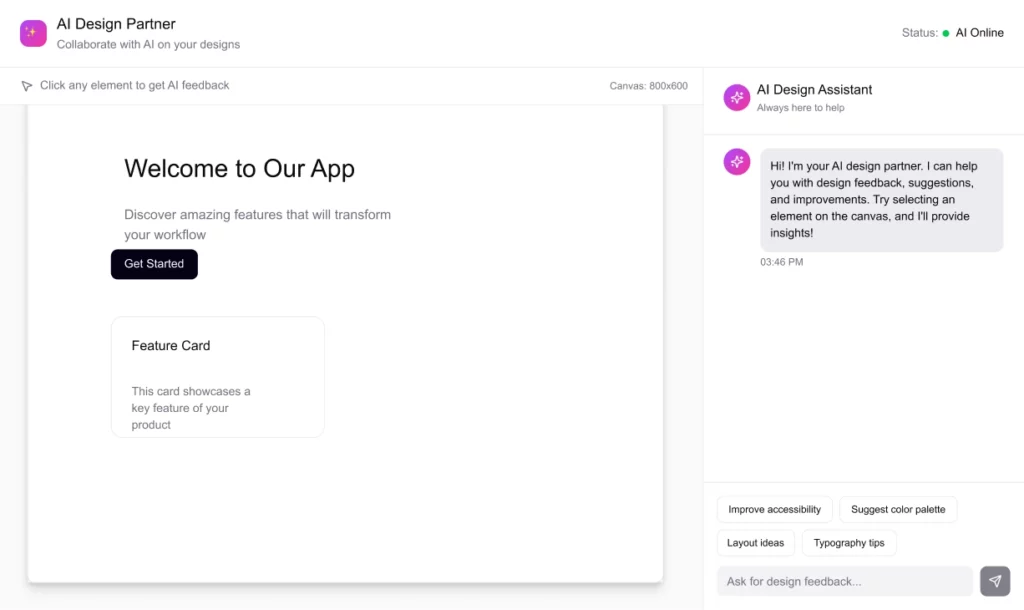 A design tool interface featuring an AI Design Assistant that offers real-time feedback on accessibility, color, and typography.