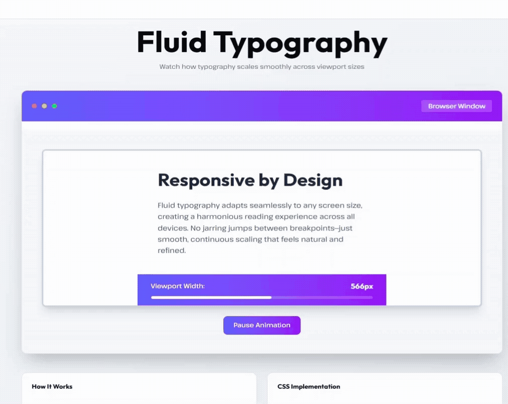 An animation illustrating the concept of responsive fluid typography. It shows a heading and paragraph text that smoothly grow and shrink as a slider adjusts the 'Viewport Width' from narrow to wide, demonstrating how text can adapt to any screen size without fixed breakpoints.