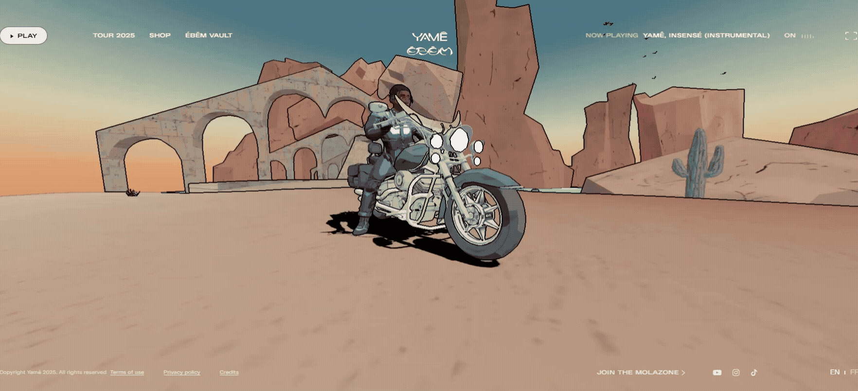 A stylized, animated website background showing a character on a motorcycle in a desert, demonstrating the use of immersive motion and parallax in UI/UX design.
