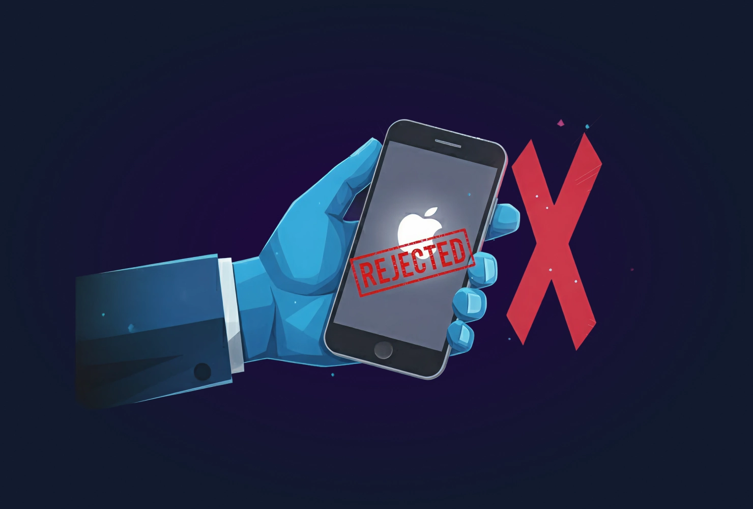 unsplash-image-BW0d0IllW8E App Store rejection concept illustration showing a smartphone with Apple logo and a red ‘Rejected’ stamp, symbolizing iOS app submission failure.