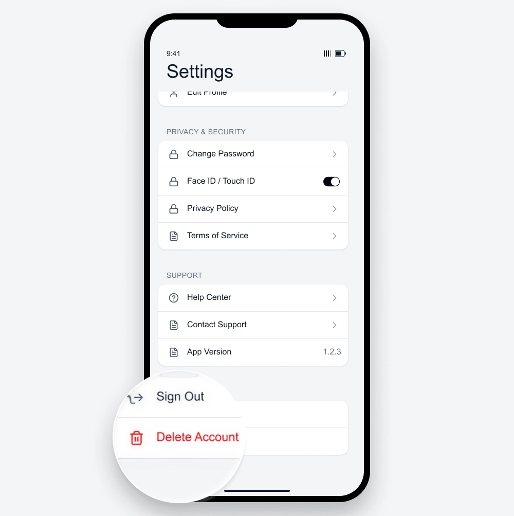 A 'Delete Account' button clearly visible in an app's settings menu, which is required by Apple's app store review guidelines.