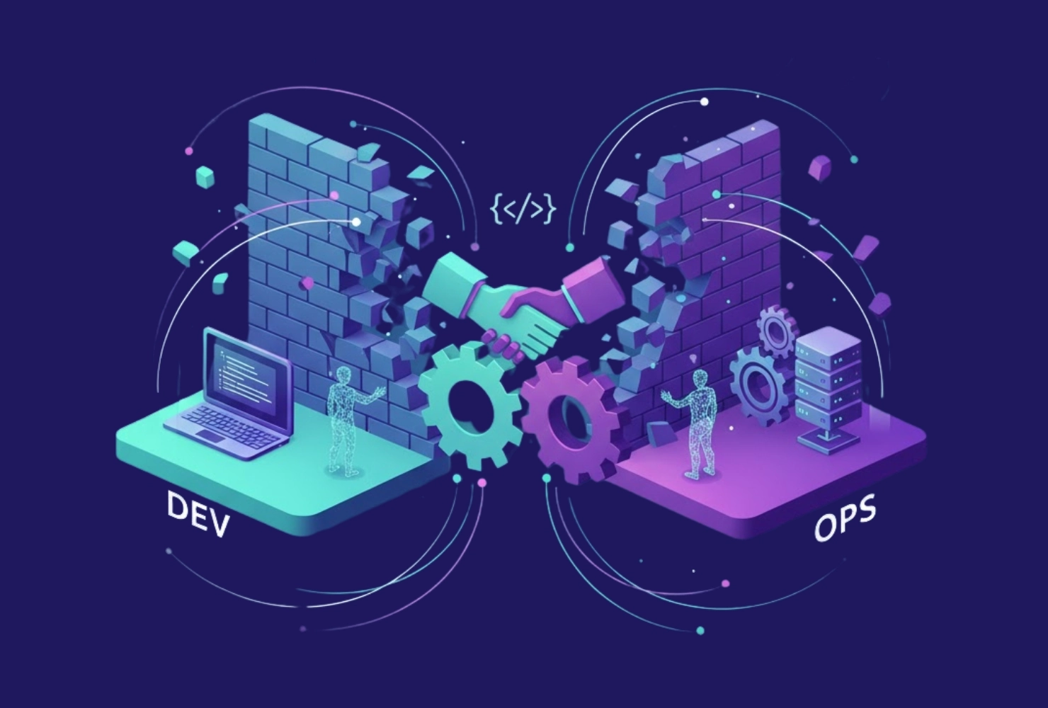 unsplash-image-BW0d0IllW8E A 3D illustration explaining what DevOps is: a handshake and interlocking gears breaking down the wall between the 'DEV' (development) platform and the 'OPS' (operations) platform.