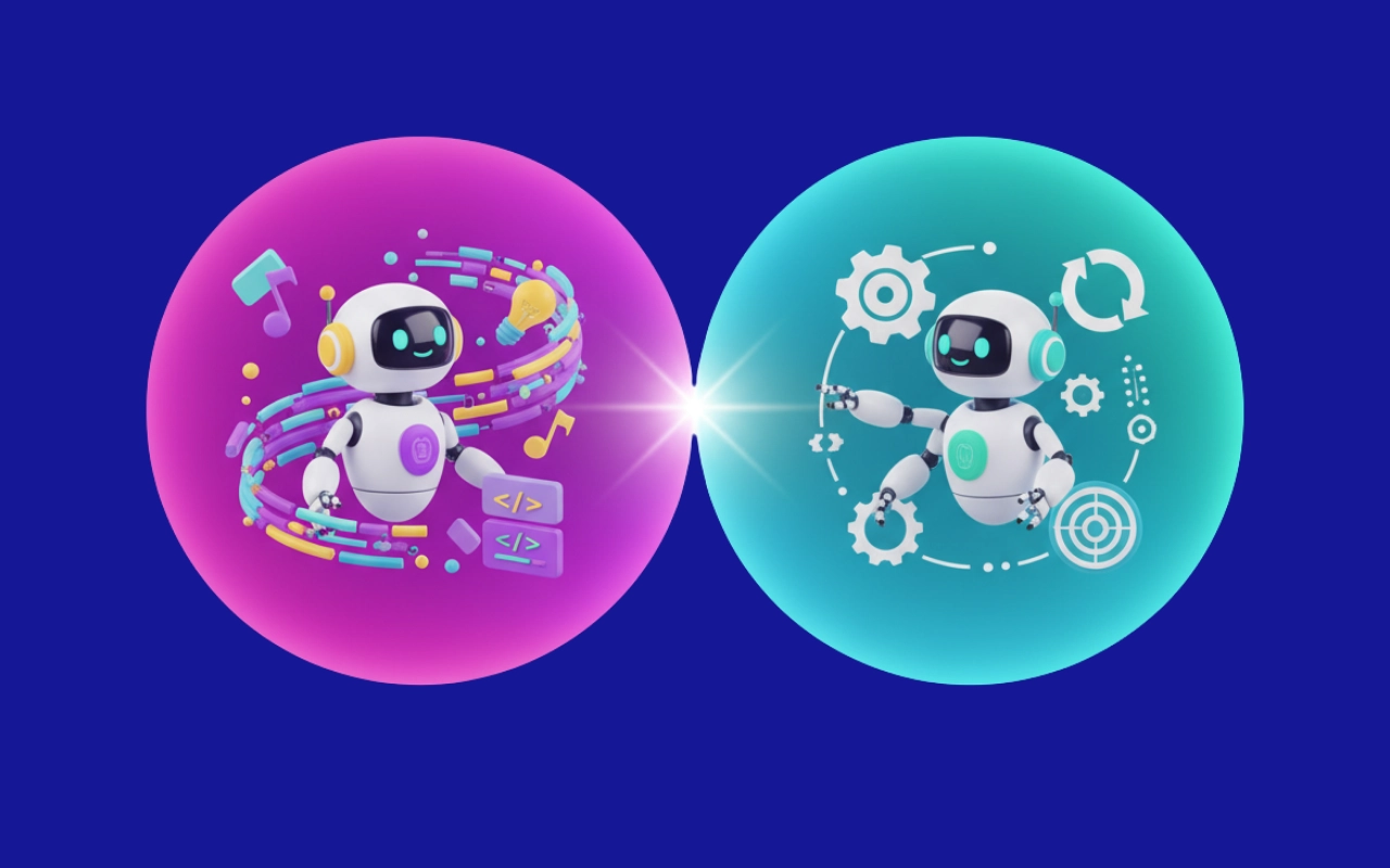 unsplash-image-BW0d0IllW8E 3D illustration of two white robots: one in a pink sphere with creative elements (music, lightbulb, code) and one in a teal sphere with technical elements (gears, targets, refresh icons), connected by a central light beam, representing generative vs agentic ai