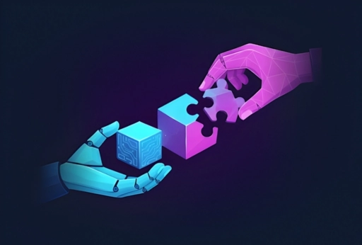 A strategic illustration representing the 2026 Build vs Buy software framework, featuring a hybrid digital architecture design in deep blue and neon colors.