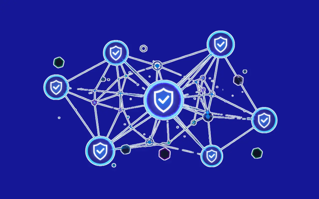 unsplash-image-BW0d0IllW8E Digital illustration of a secure, connected network of AI or autonomous agents, featuring multiple nodes (systems) linked by lines, with a shield and checkmark icon at the center and on each node, symbolizing Digital Trust