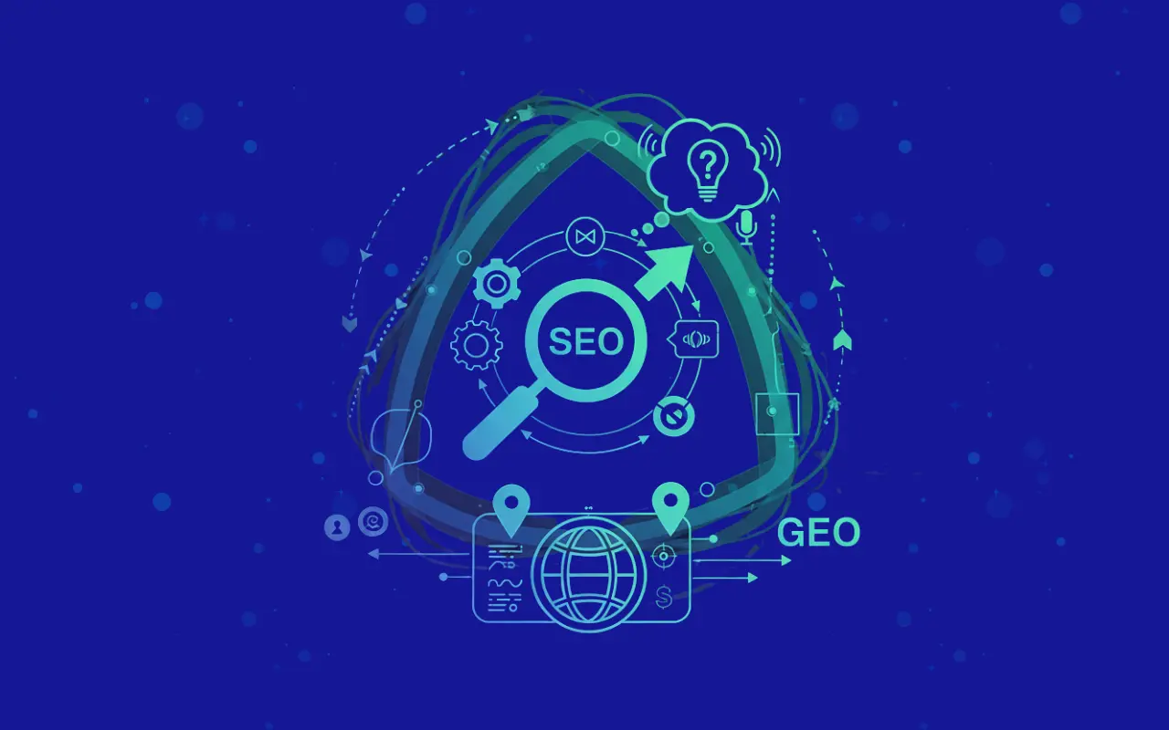unsplash-image-BW0d0IllW8E A stylized graphic on a blue background showing the evolution of search. Icons for SEO (magnifying glass), AEO (question mark cloud), and GEO (global location pins) are connected, illustrating their technical progression.