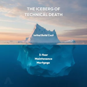 A flat graphic diagram using an iceberg metaphor to compare the low initial cost of building software against the massive, hidden long-term costs of maintenance and technical debt.