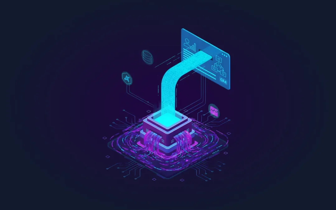 An isometric 3D digital illustration of a glowing data processing hub. A thick stream of binary data flows from the central purple-lit processor into a blue "GA4" interface panel.