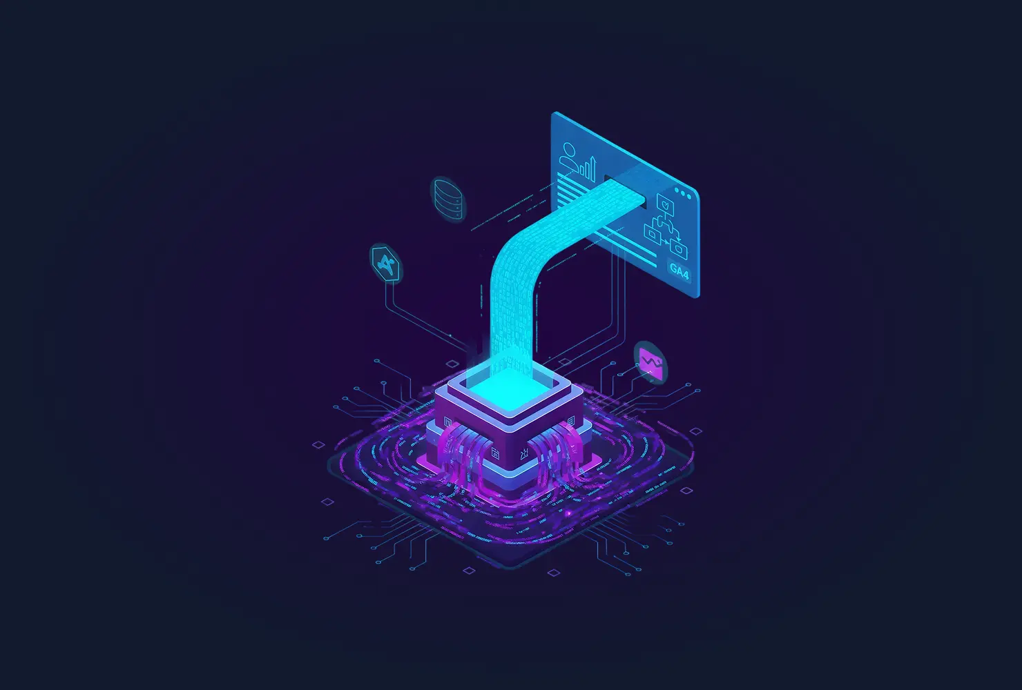 An isometric 3D digital illustration of a glowing data processing hub. A thick stream of binary data flows from the central purple-lit processor into a blue "GA4" interface panel.