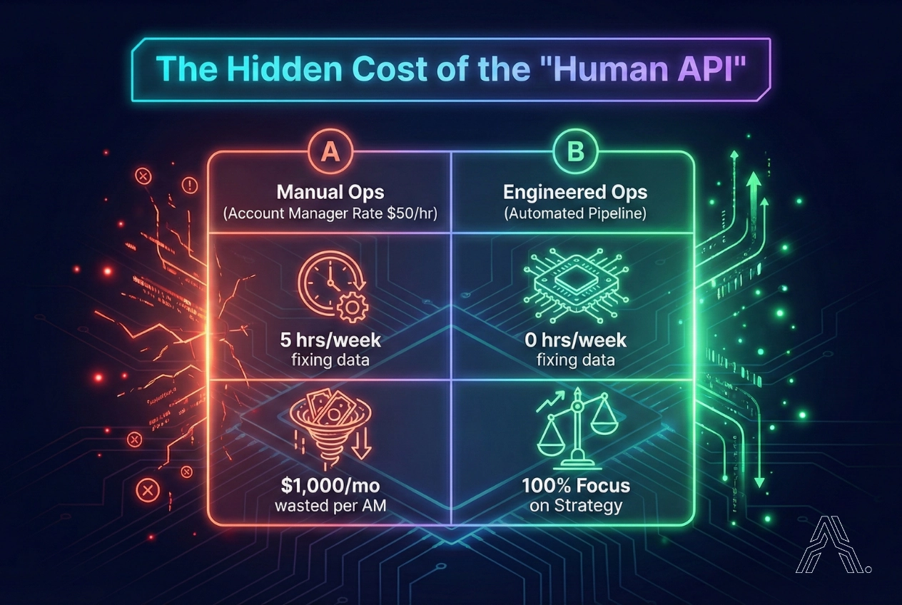 Comparison chart showing the hidden cost of manual agency operations versus the efficiency of white-label marketing engineering.