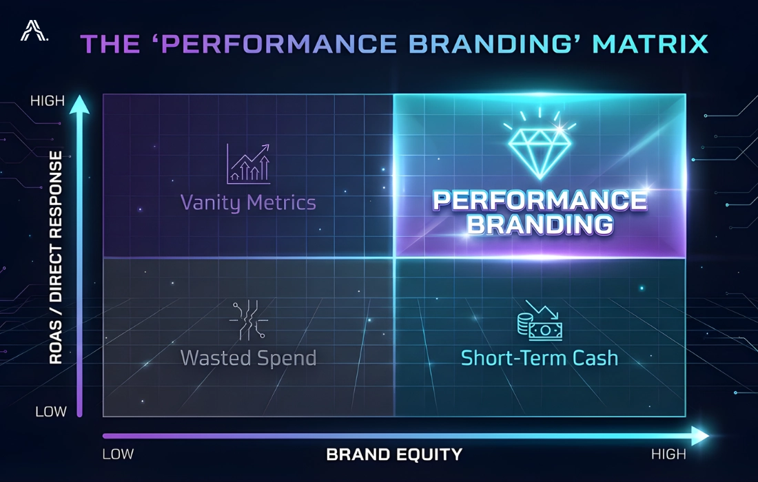 The Performance Branding matrix illustrating how agencies can balance high ROAS and brand equity to avoid vanity metrics and wasted spend.