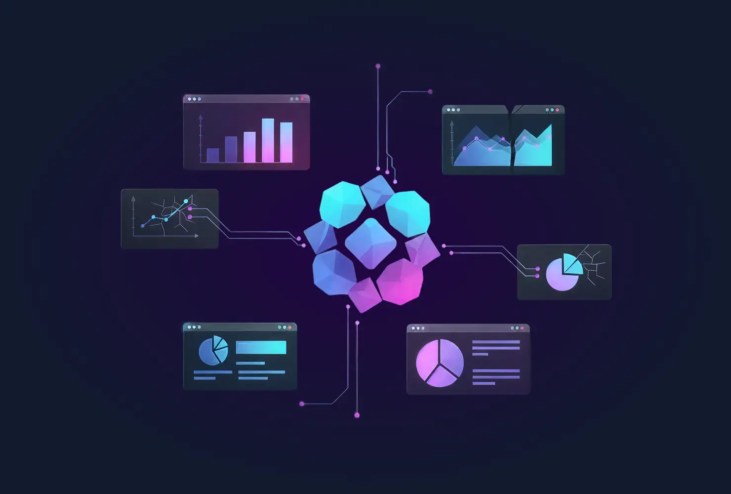 5 Signs Your Client’s CRM is Sabotaging (2) A conceptual digital illustration of a central glowing geometric core connected by circuit lines to various broken or fragmented data dashboards and charts.