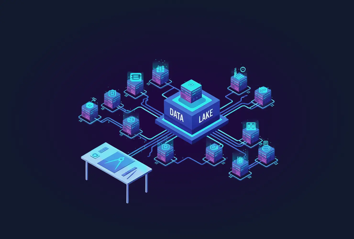 Conceptual illustration of a scalable marketing data infrastructure and first-party data lake designed for agency operations and data hygiene.