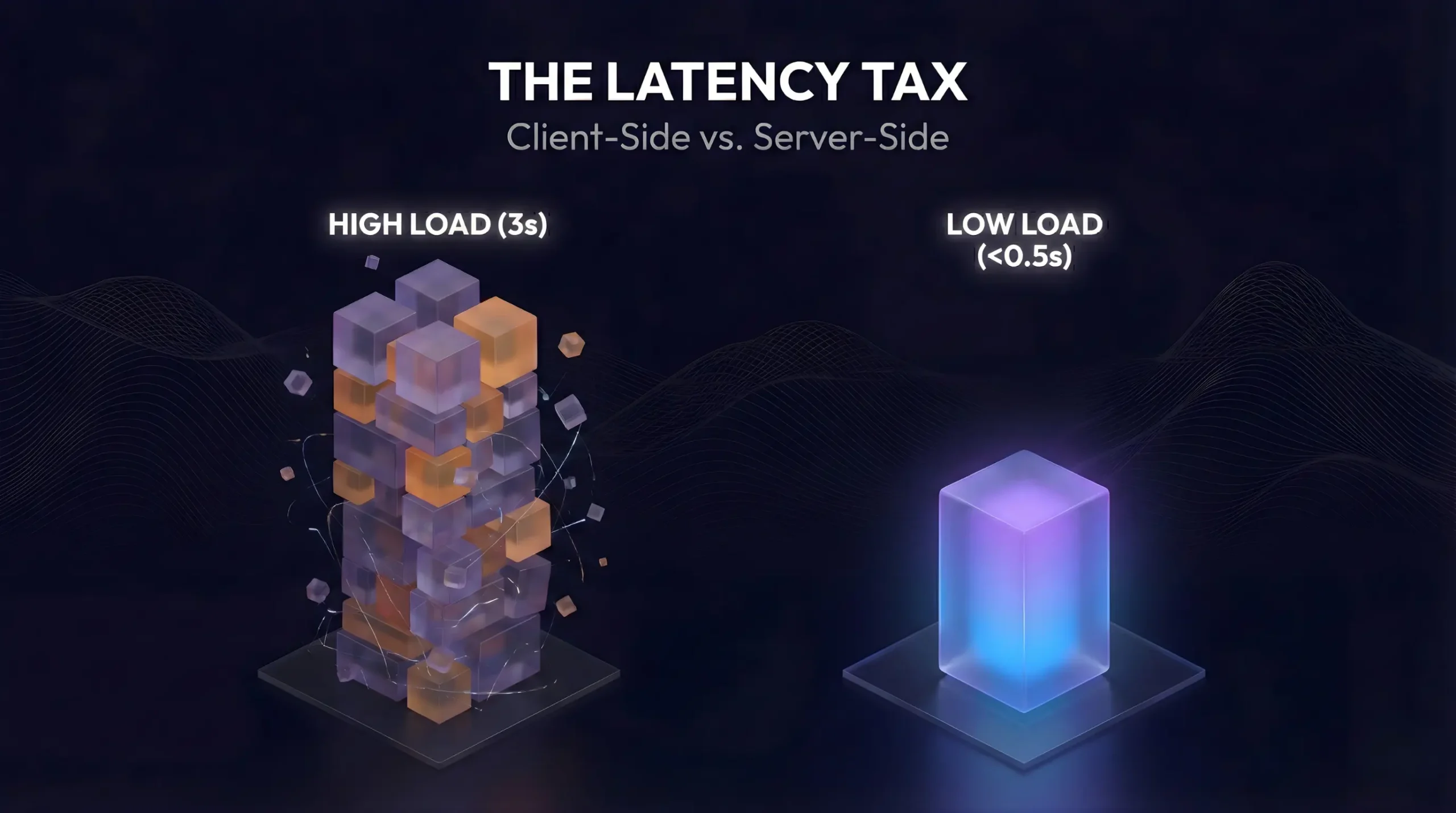 Comparison of site speed optimization benefits showing the high load of client-side tracking versus the low latency of server-side tagging.