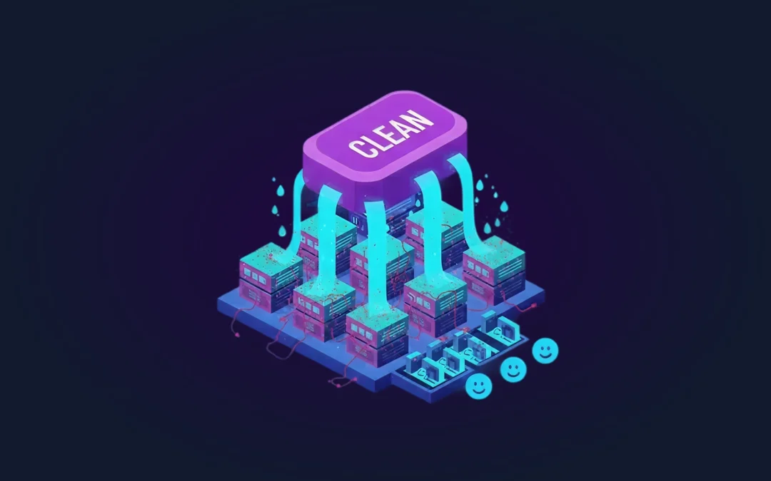 A digital illustration of a strategic agency dashboard showing clean marketing data hygiene metrics used to improve agency client retention.