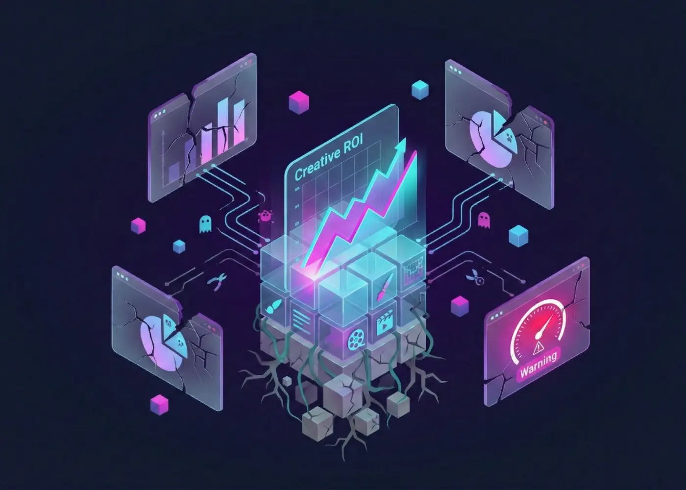 Client ROI Gemini said Isometric illustration of broken neon dashboards and warning gauges strangling a central 'Creative ROI' graph, symbolizing urgent performance debugging and troubleshooting for account management and client retention.