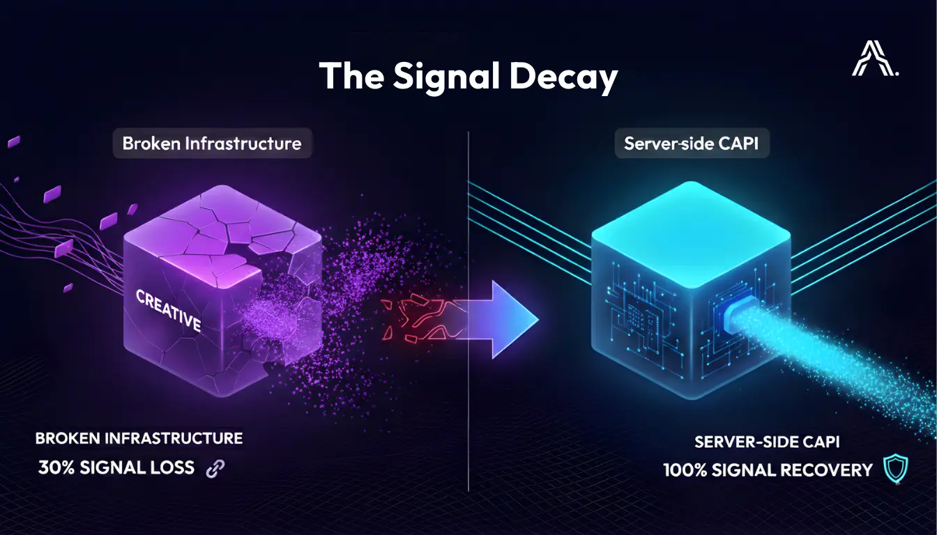 A comparison of broken infrastructure causing signal loss versus server-side CAPI recovery, emphasizing technical troubleshooting and performance debugging for stable account management and client retention.
