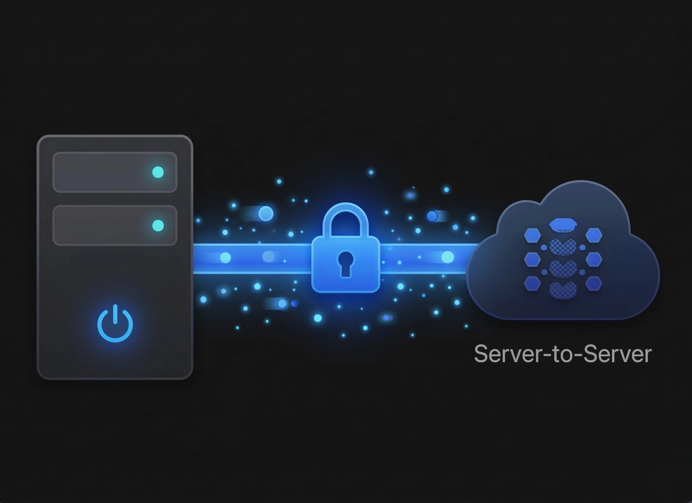 A diagram illustrating secure server-to-server data tracking, showing a local server connecting to a cloud database through an encrypted, locked pipeline.