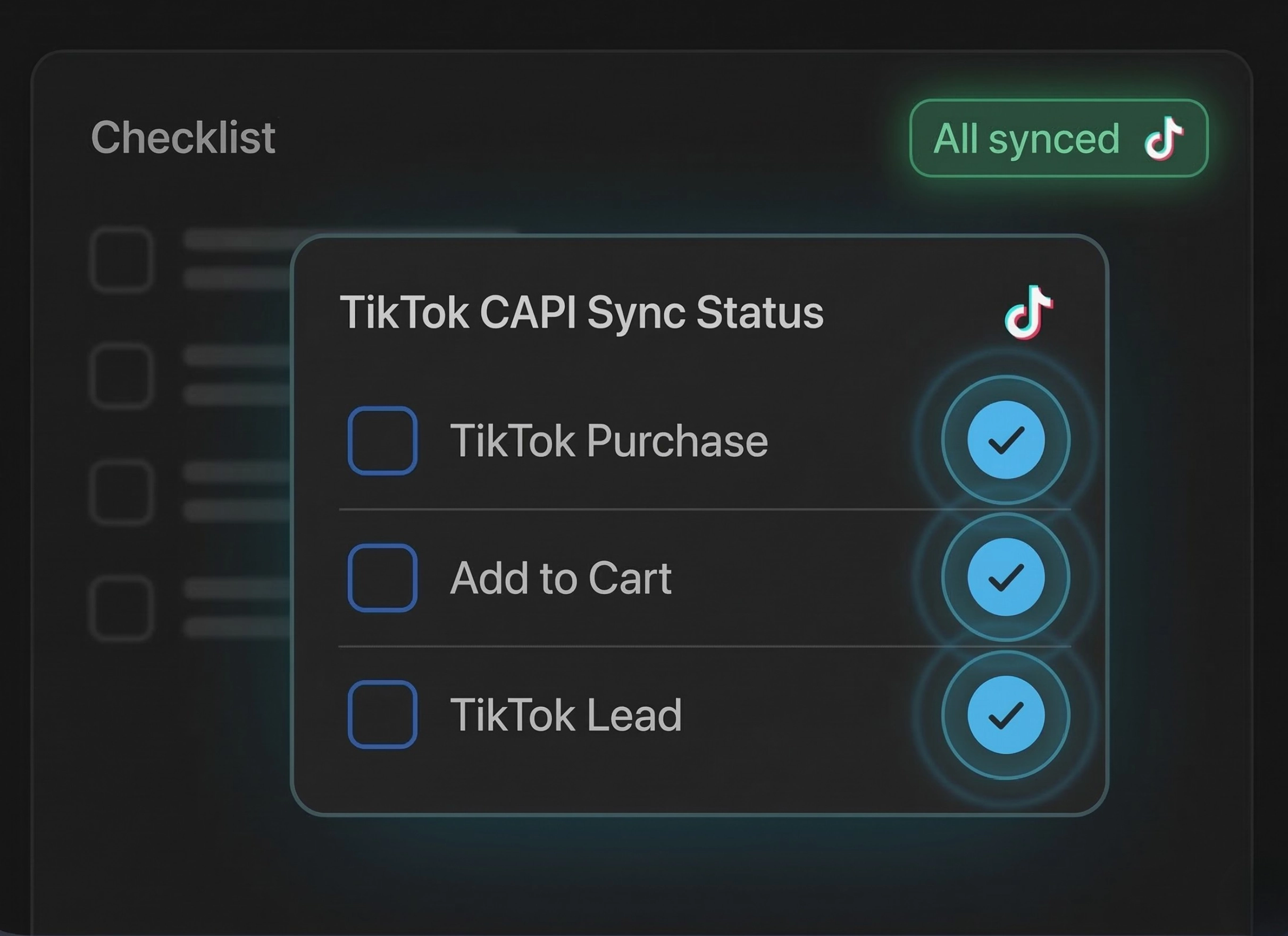 Dashboard interface showing a successful TikTok CAPI sync status, with verified checkmarks for Purchase, Add to Cart, and Lead events.
