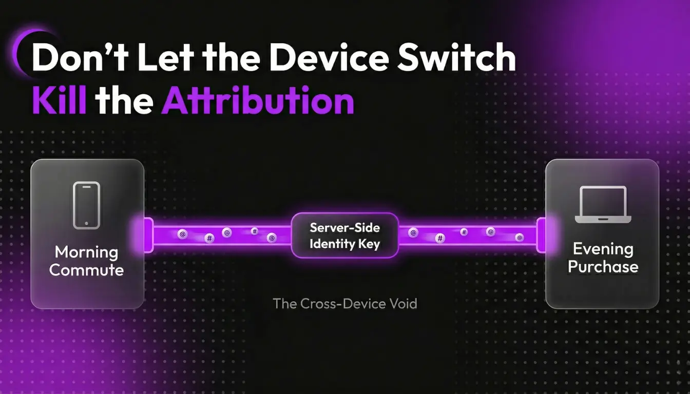  Diagram showing how server-side advanced matching connects mobile ad clicks to desktop purchases for accurate attribution.