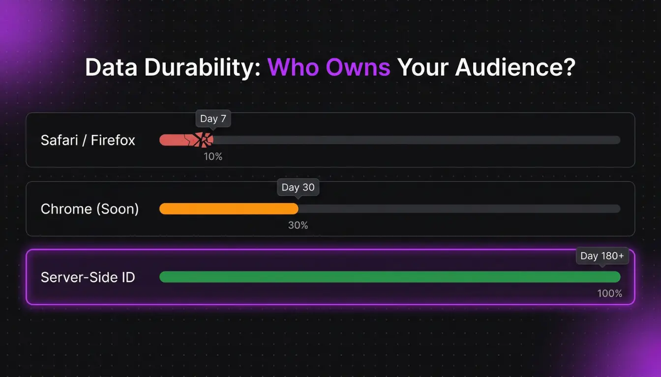 Timeline comparison of cookie lifespans on Safari and Chrome versus the permanent durability of server-side data.