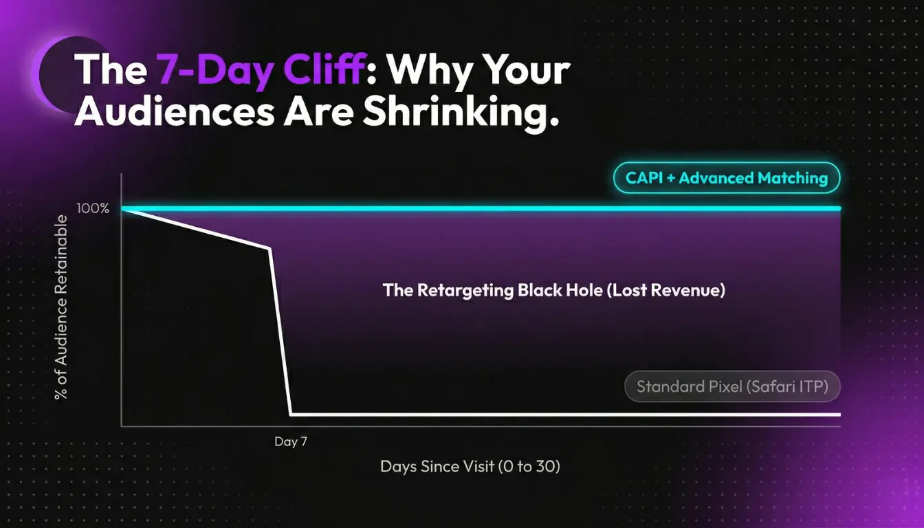 Graph comparing Facebook custom audience retention rates between standard pixel tracking and server-side tracking, showing the impact of ITP signal loss. 