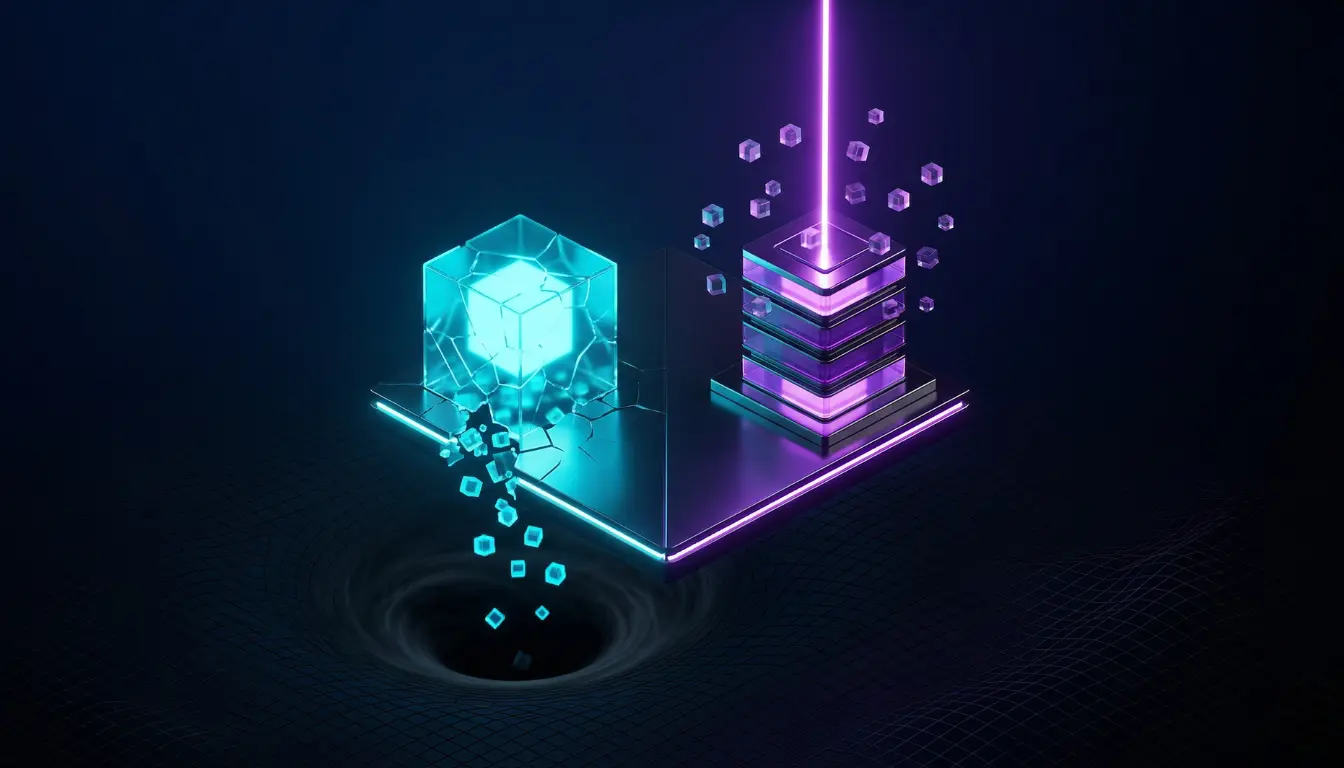 Conceptual 3D illustration comparing fragile browser cookie data falling into a black hole versus a secure server-side tracking architecture, illustrating the cause of shrinking Facebook retargeting audiences.