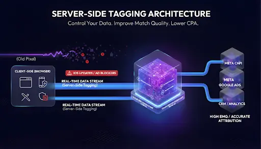 Gemini said A technical infographic illustrating a server-side tagging architecture for control over data and accurate attribution.