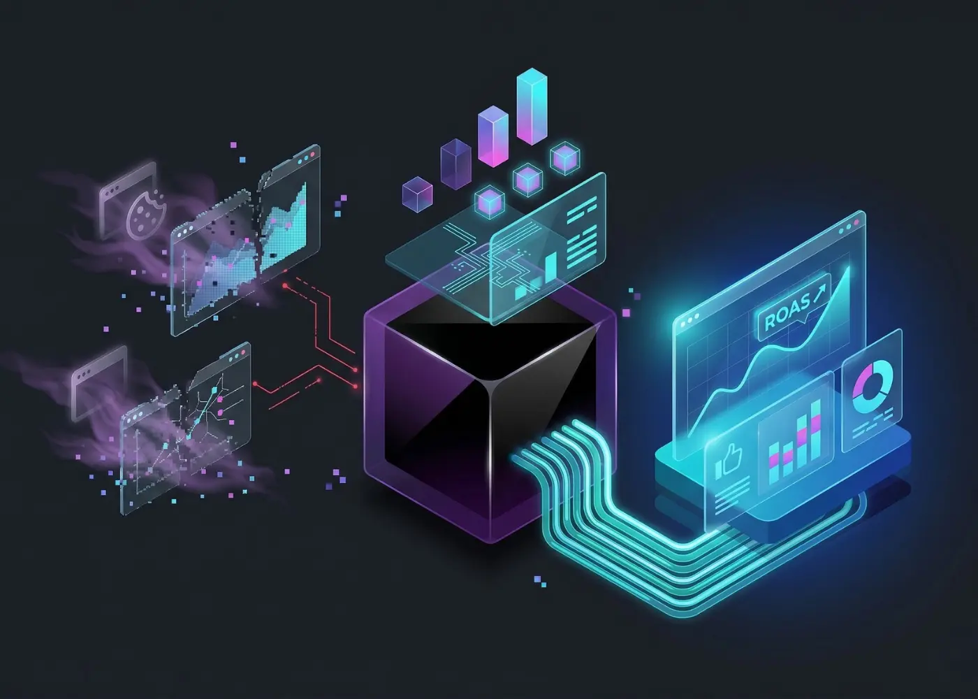 Gemini said An isometric digital illustration showing server-side tagging transforming fragmented browser data into clear ROAS analytics and performance charts.